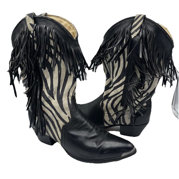 Acme Shoes - Acme Sz 7 1/2 VINTAGE Black White Zebra Heeled Boots with Fringe